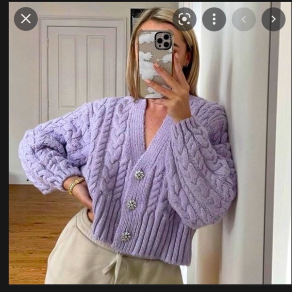 Zara light purple cotton blended cable chunky bejeweled cropped cardigan jacket